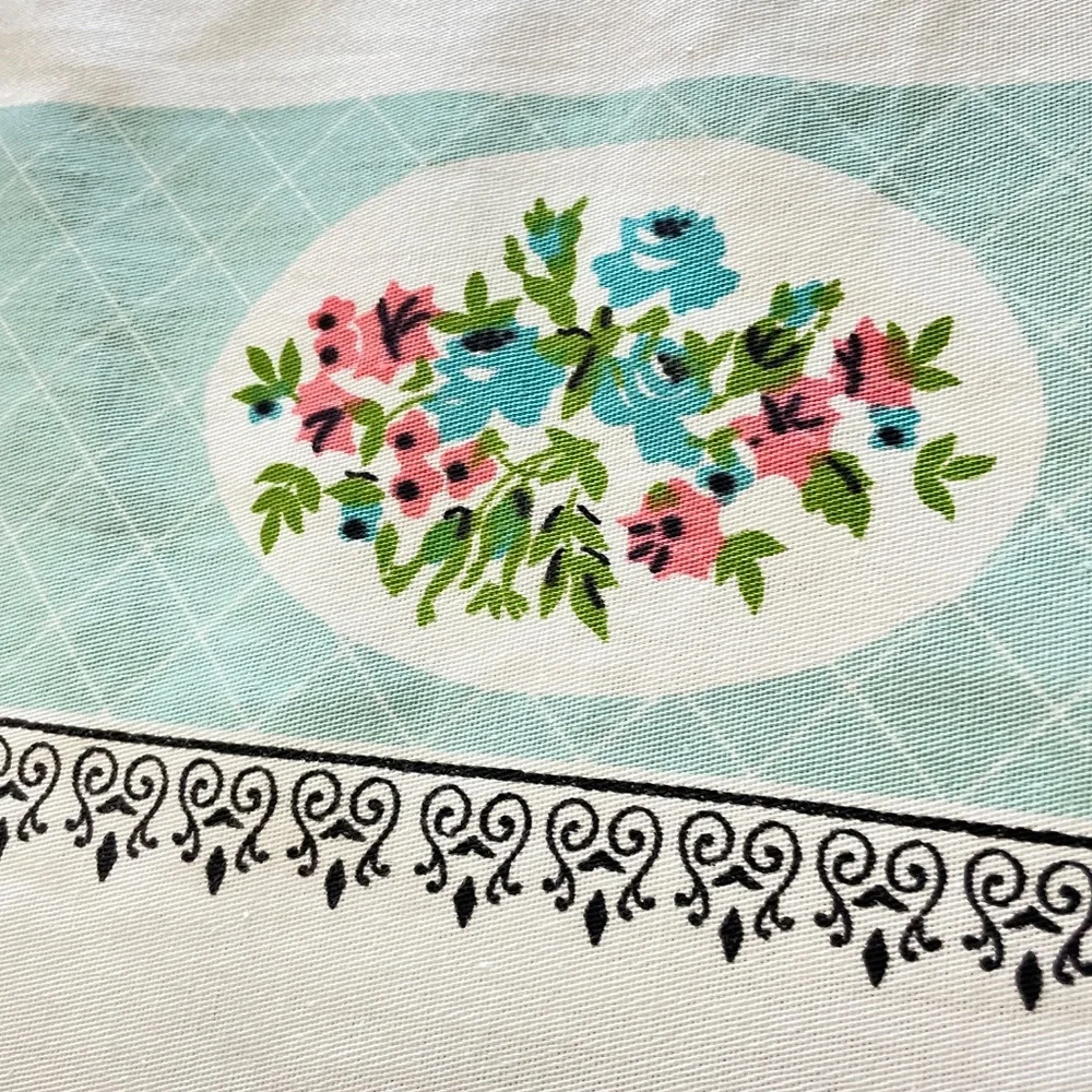Vintage Cotton Printed MC Tablecloth Aqua Pink Black Green 52